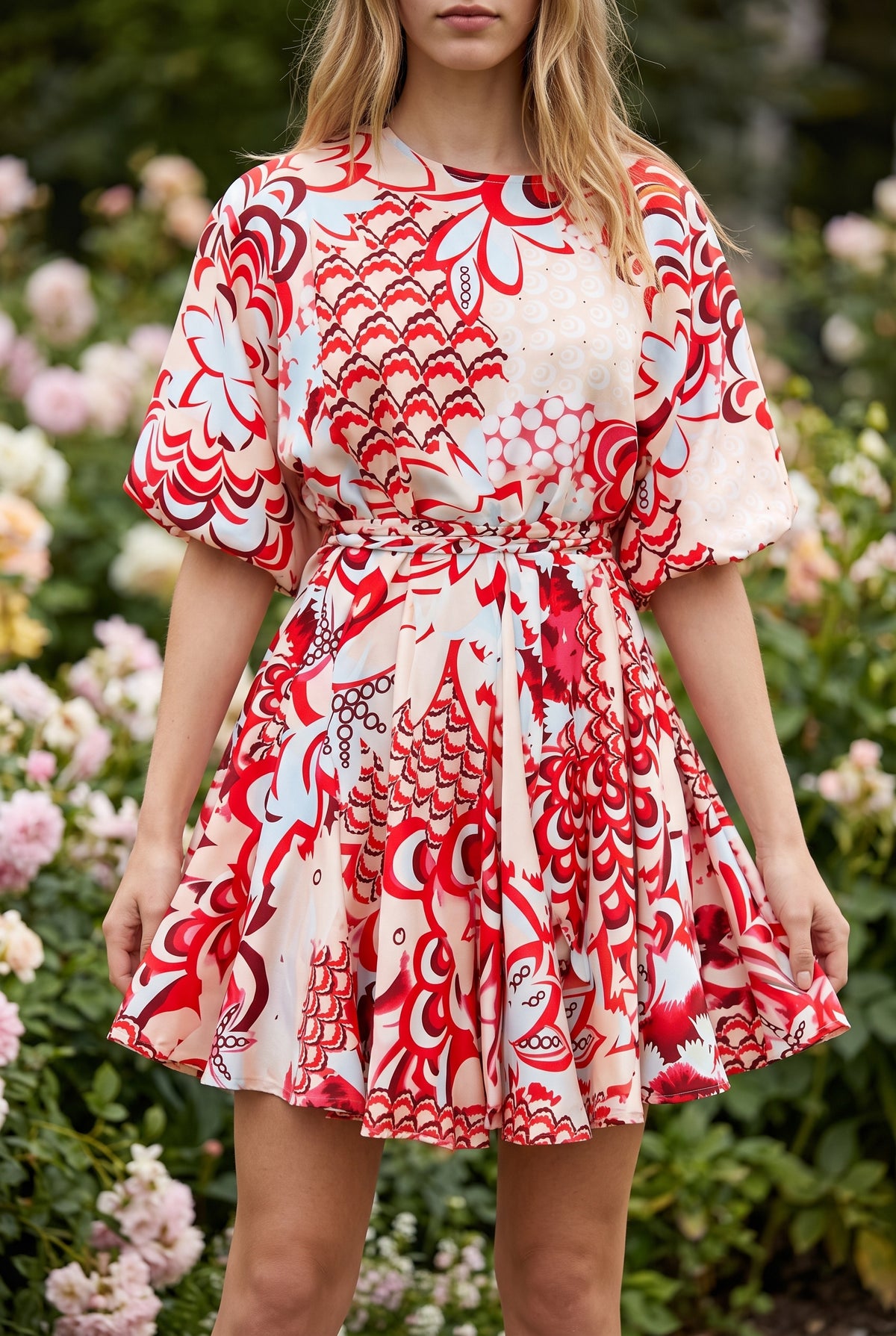 Gemustertes Minikleid mit Puffärmeln und Plissee – Foto 5