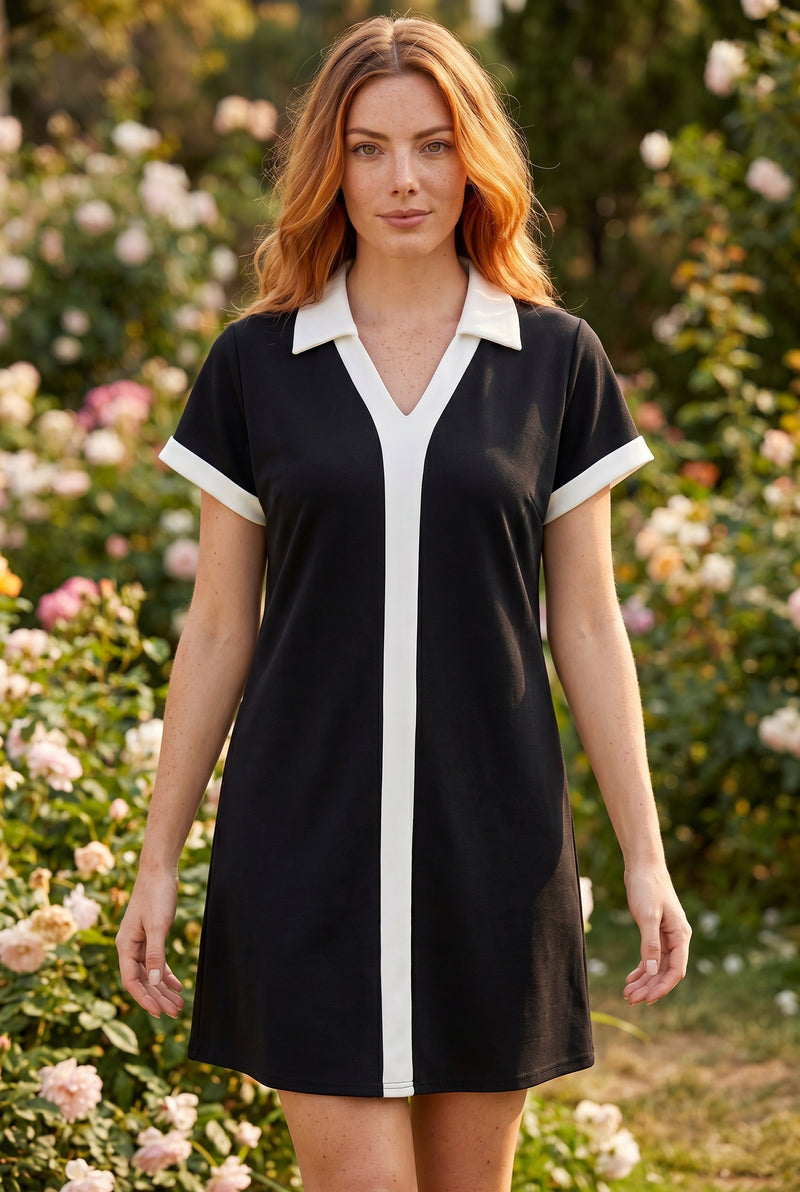 Robe courte à col et manches courtes, coloris noir