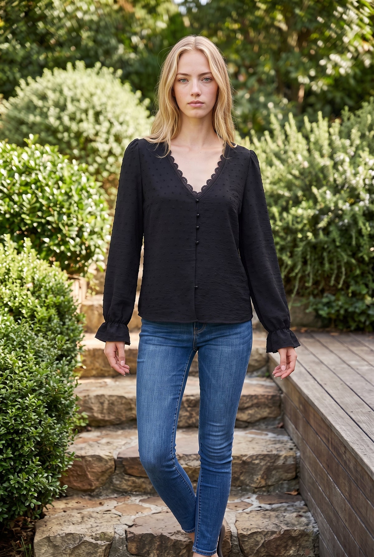Long Sleeve V Neck Top with Lace Trim in black