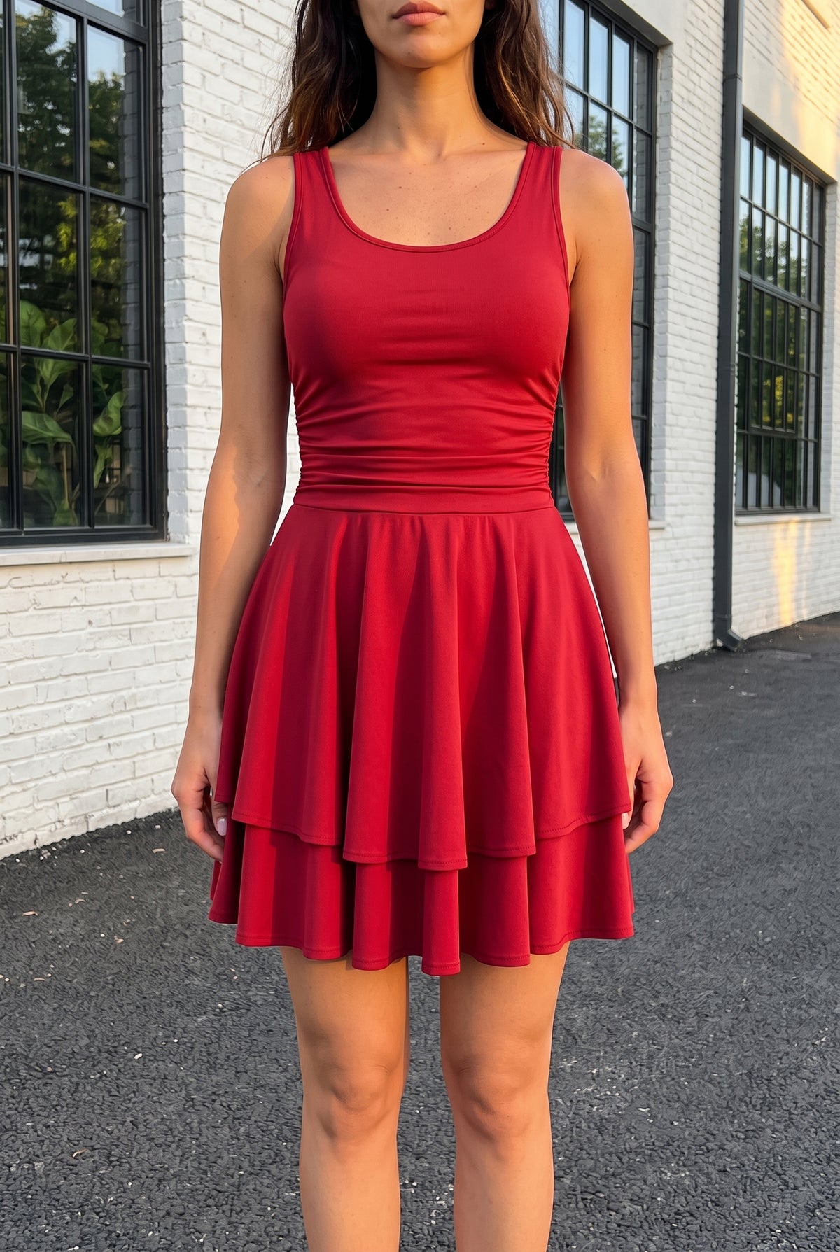 Ärmelloses Minikleid mit Rundhalsausschnitt und Stufenrock in Rot – Foto 5