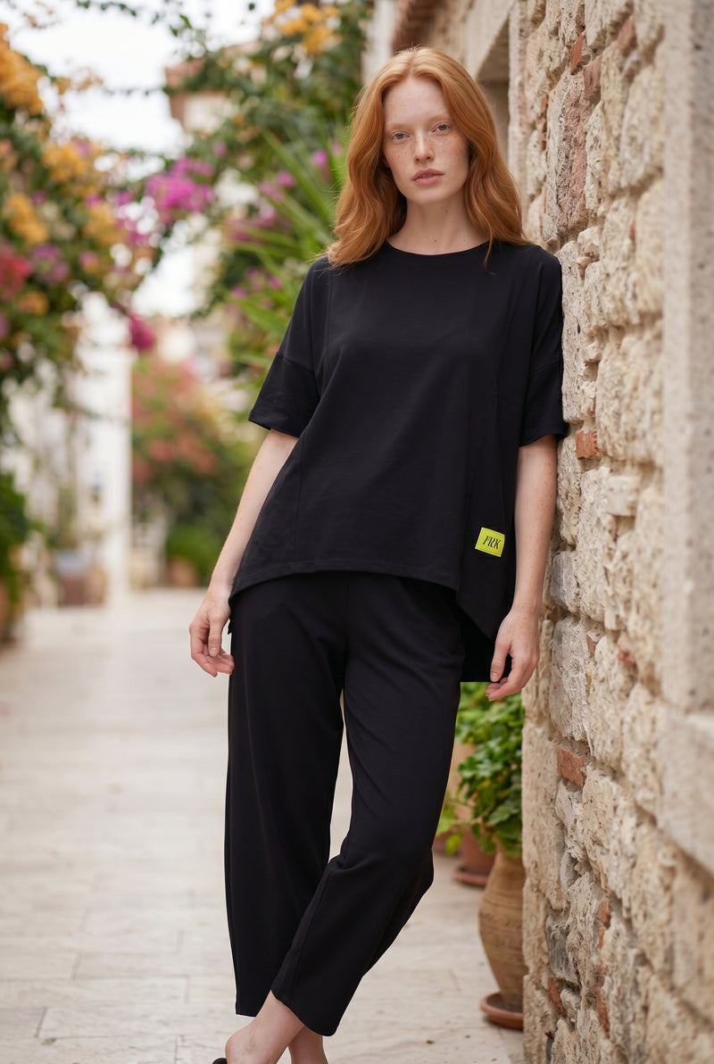 Short Sleeve Crew Neck Viscose Co-ord Set in black – photo 2