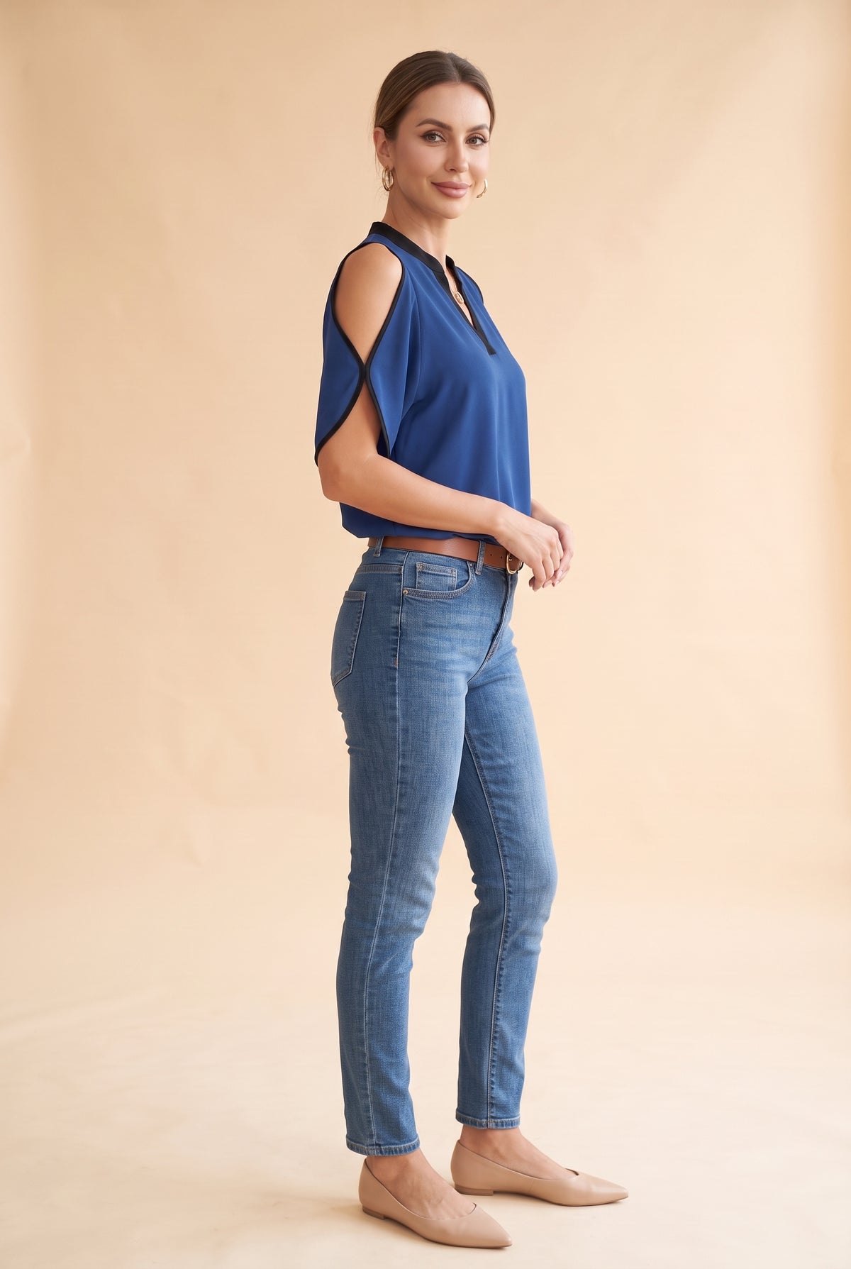 Short Sleeve V Neck Crepe Top with Cutouts in navy – photo 3