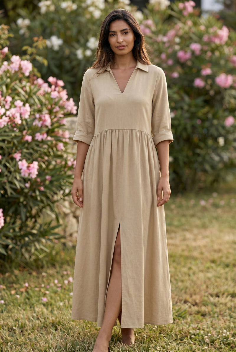 Maxikleid mit Kragen und 3/4-Ärmeln in Beige – Foto 5