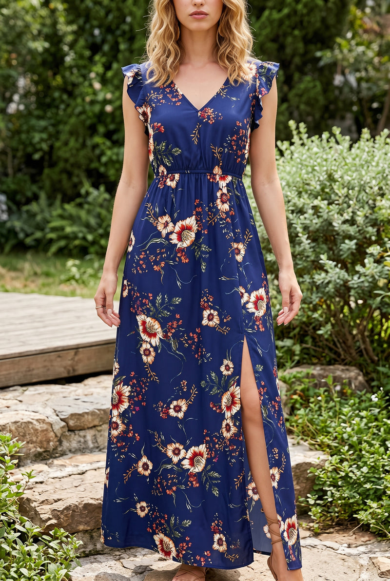 Maxikleid mit Blumenmuster, V-Ausschnitt und Rüschenärmeln in Marine – Foto 5