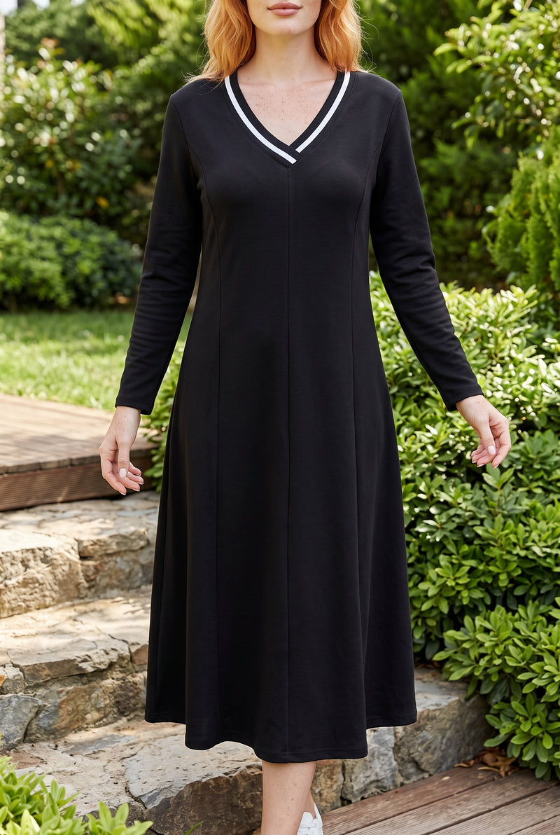 Long Sleeve V-Neck Modal Midi Dress in black – photo 5