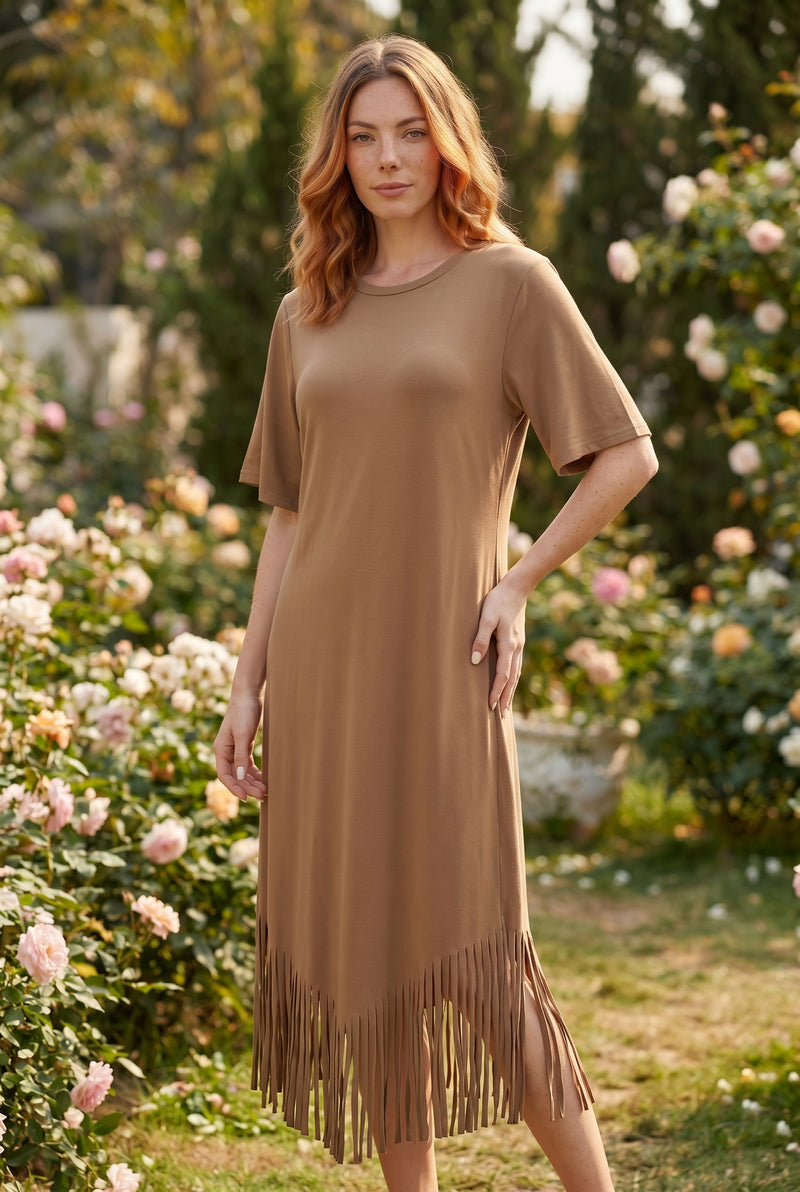 Kurzarm Midikleid mit Rundhalsausschnitt und Fransen in Orange – Foto 4