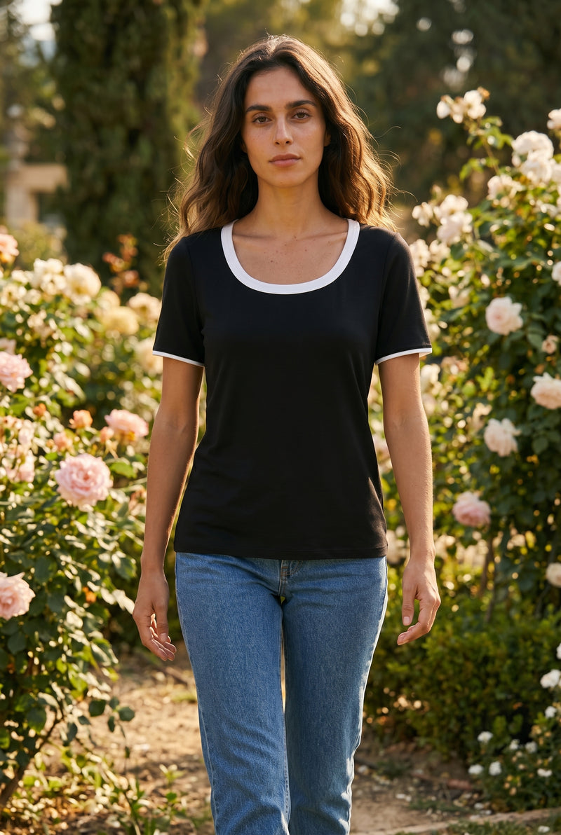 Short Sleeve Round Neck Viscose Top with Contrast Trim in black – photo 3