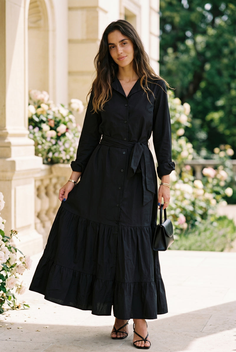 Black Long Sleeve Maxi Dress with Tie Waist – photo 2