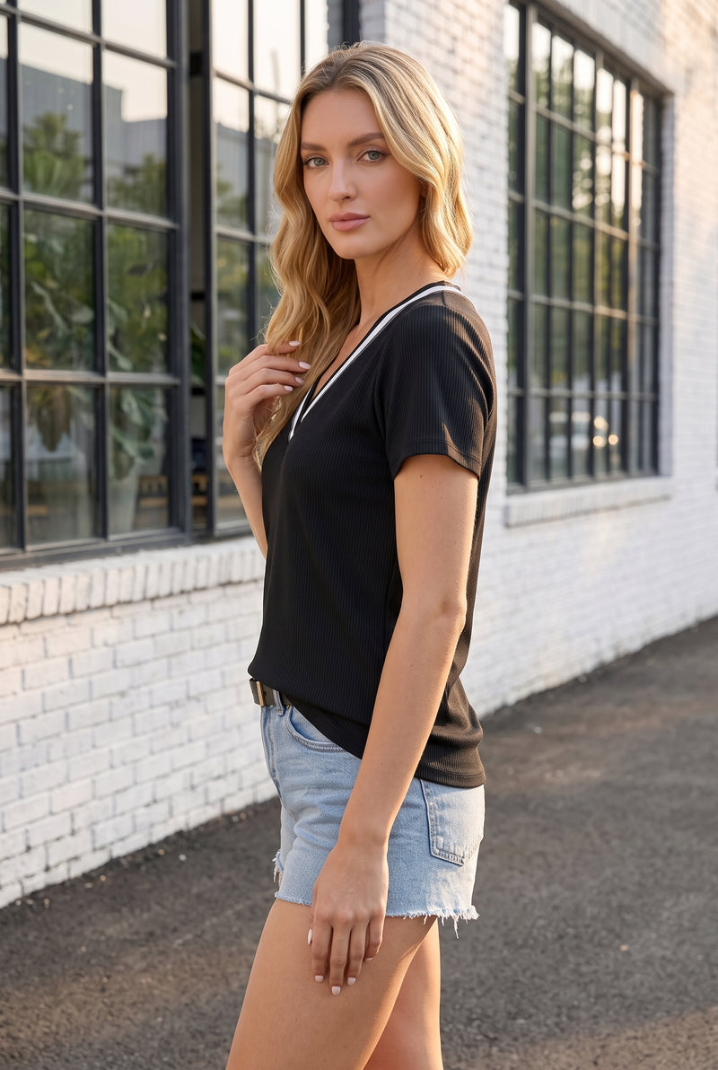 Black Short Sleeve V Neck Top with Striped Trim – photo 2