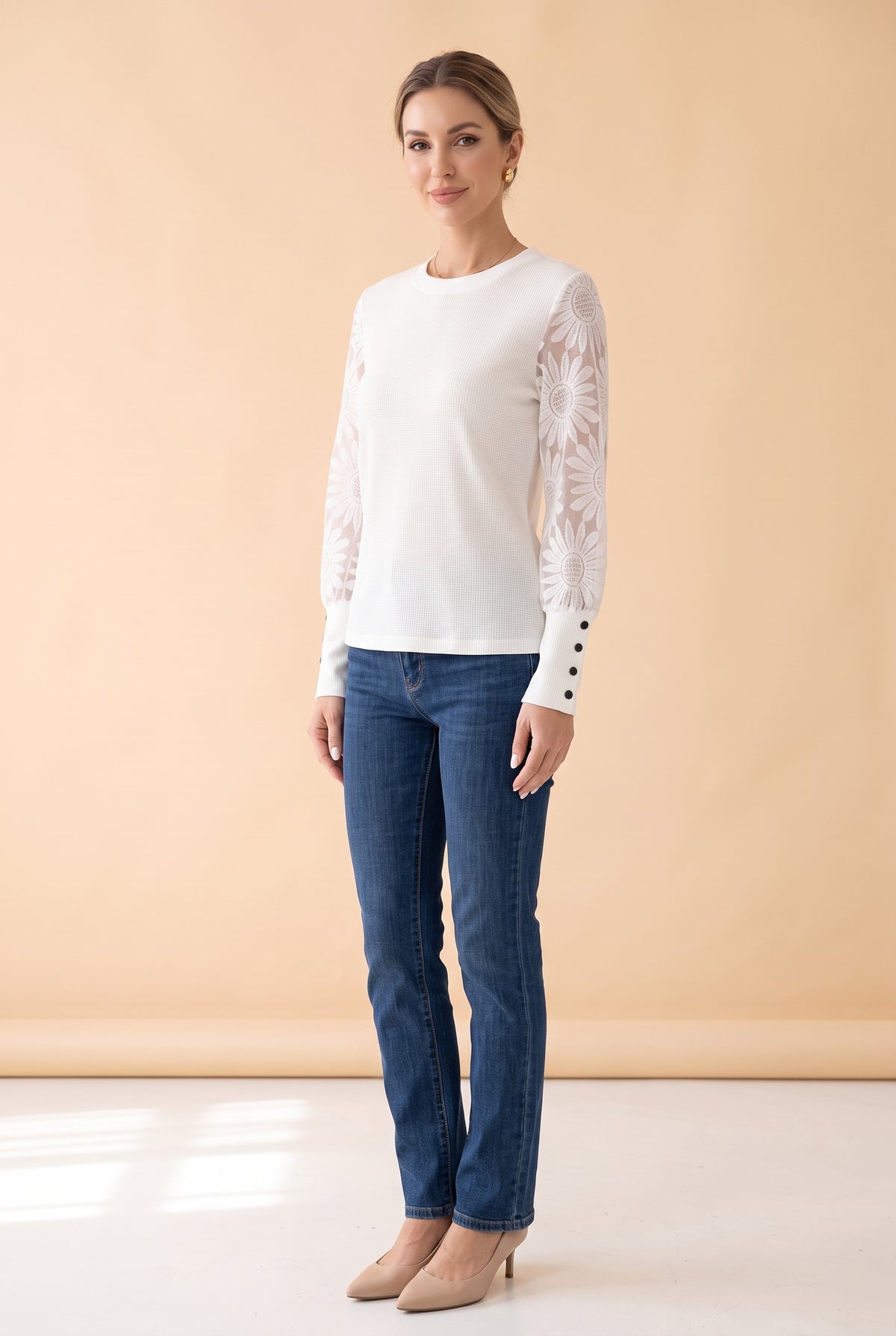 White Lace Long Sleeve Top with Waffle Body – photo 2