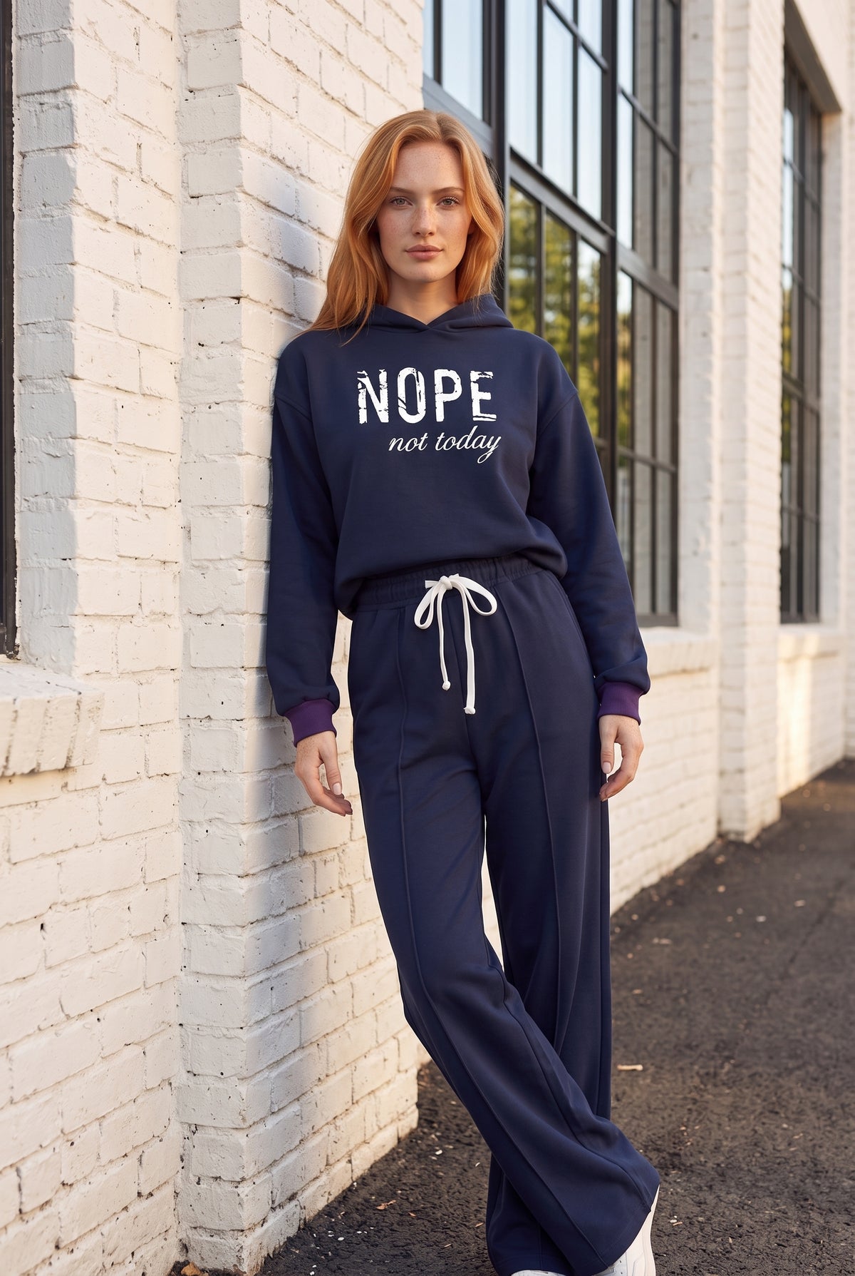 Long Sleeve Co-ord Set with Slogan Print in navy