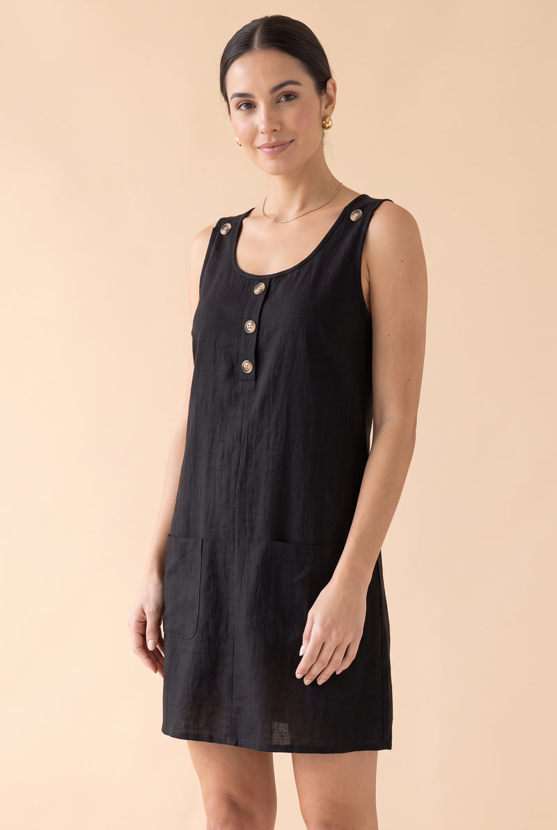 Sleeveless Round Neck Linen Mini Dress with Buttons in black – photo 5