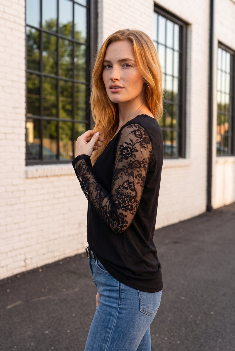 Black Lace Long Sleeve Top with V-Neck – photo 2