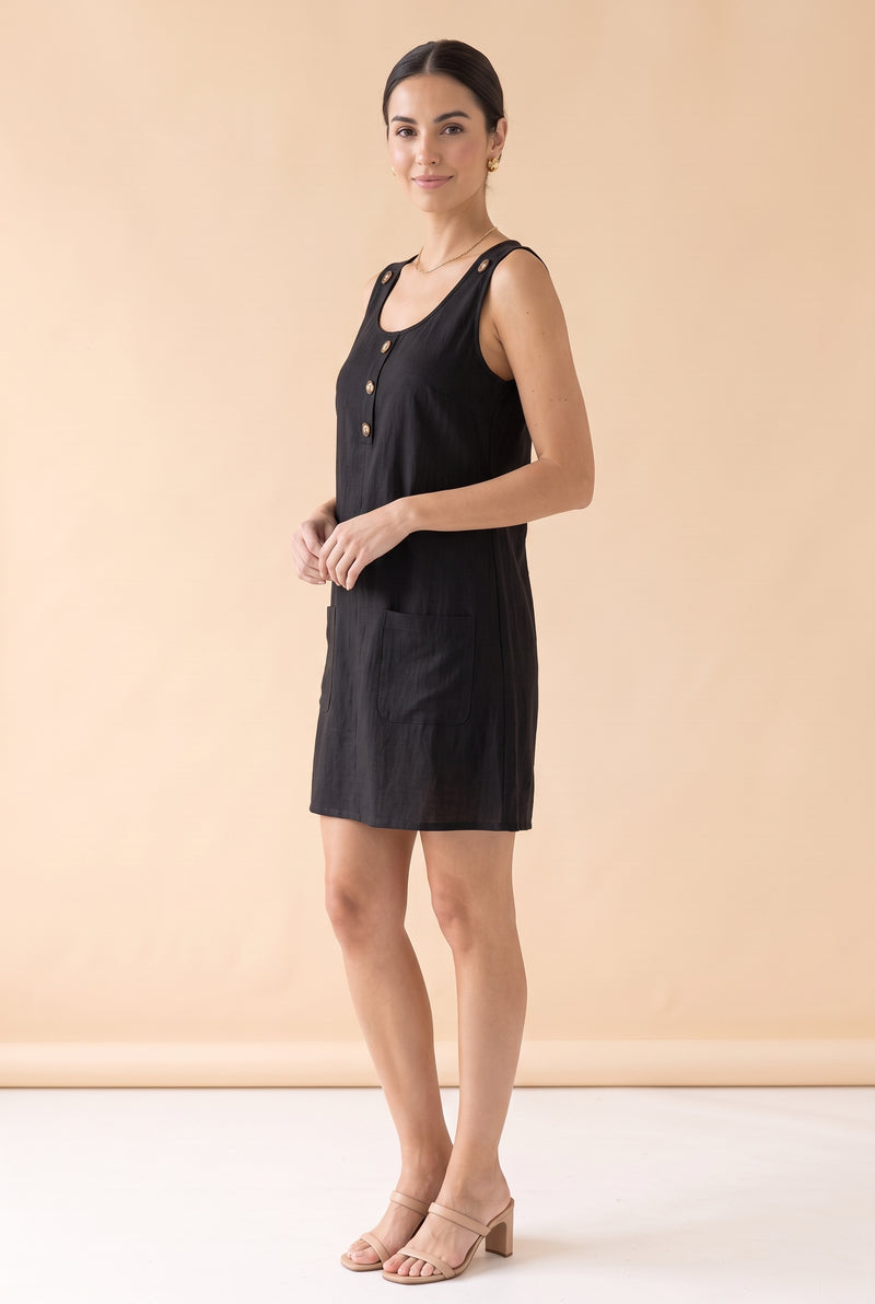 Sleeveless Round Neck Linen Mini Dress with Buttons in black – photo 3
