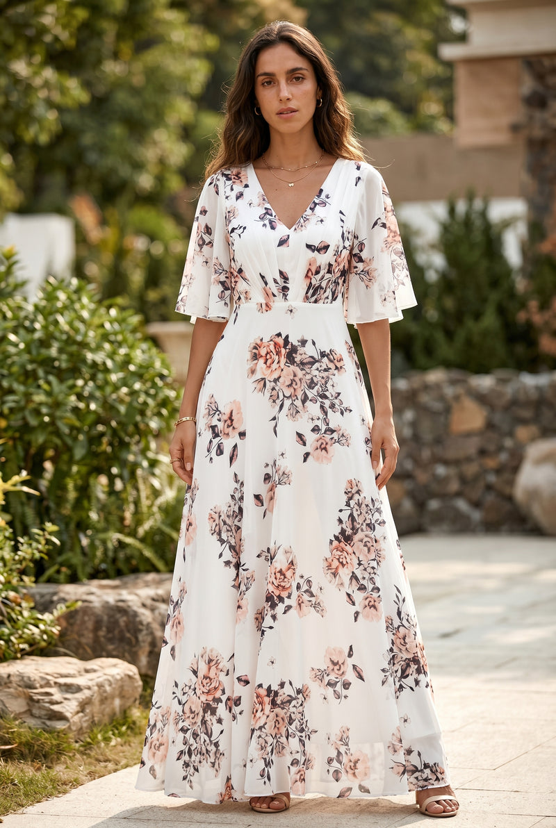 Floral V-Neck Short Sleeve Maxi Dress in white