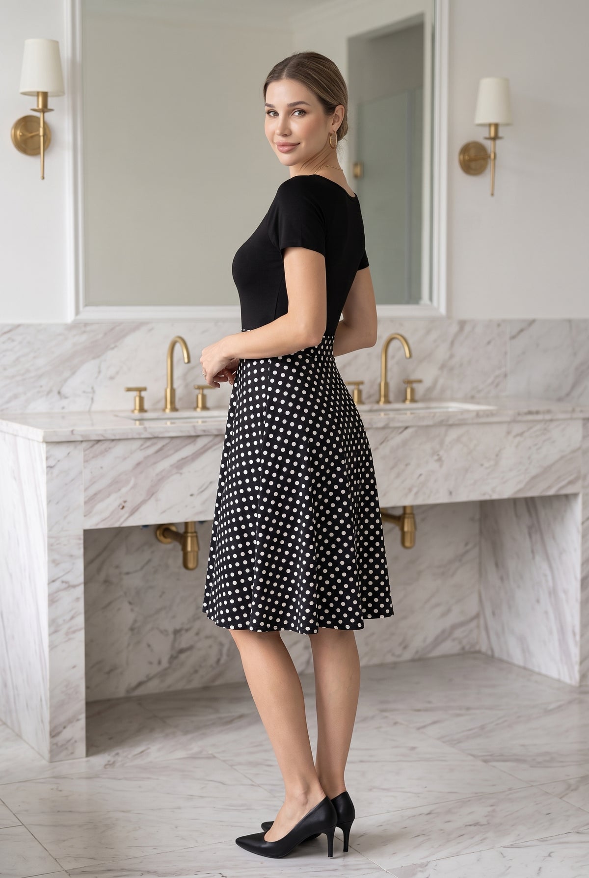 Polka Dot V-Neck A-Line Mini Dress in black – photo 2