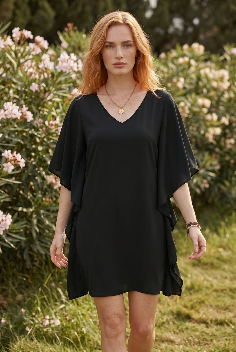 Robe courte noire à col V et manches à volants – photo 5