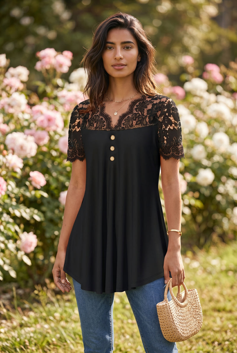 Black Lace Short Sleeve V Neck Top with Buttons – photo 5