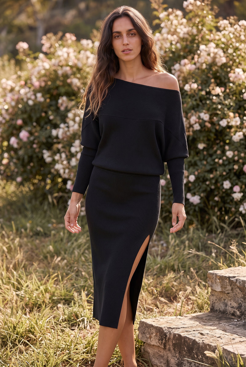Ensemble Noir en Maille à Manches Longues et Fente