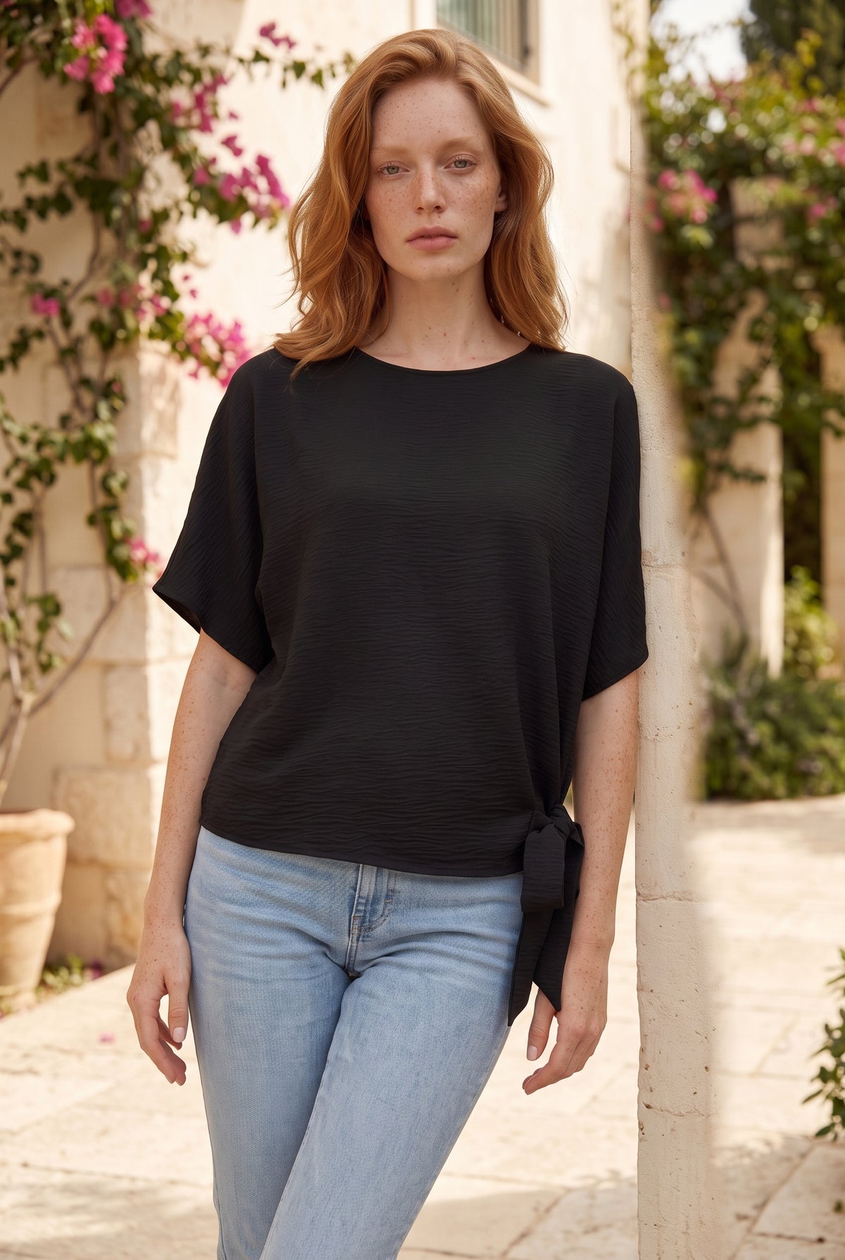 Short Sleeve Round Neck Tie Waist Linen Blend Top in black