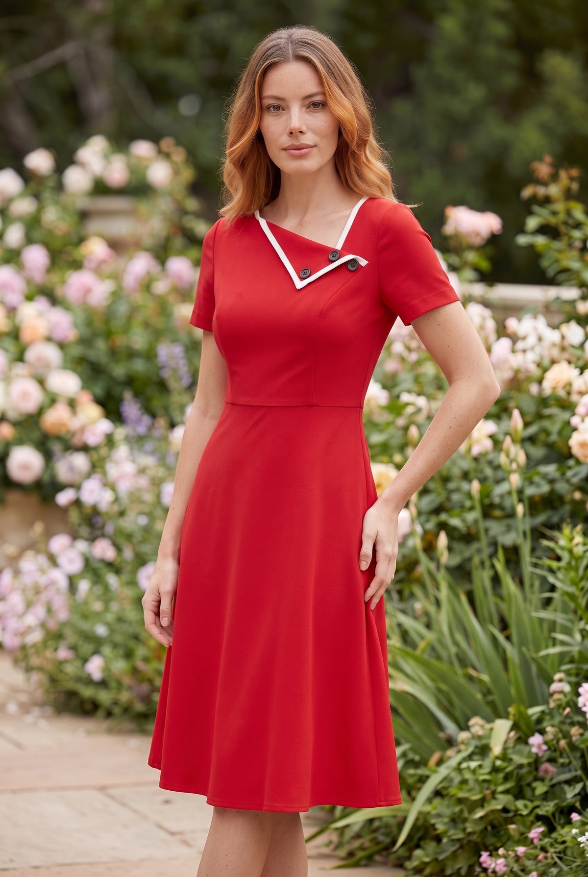 Short Sleeve Asymmetric Neck Midi Dress in red – photo 4
