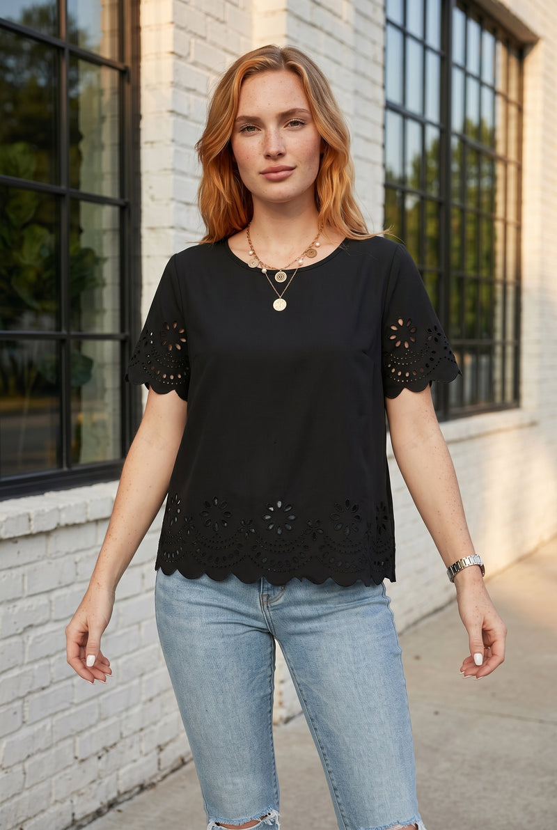Short Sleeve Crew Neck Embroidered Top in black