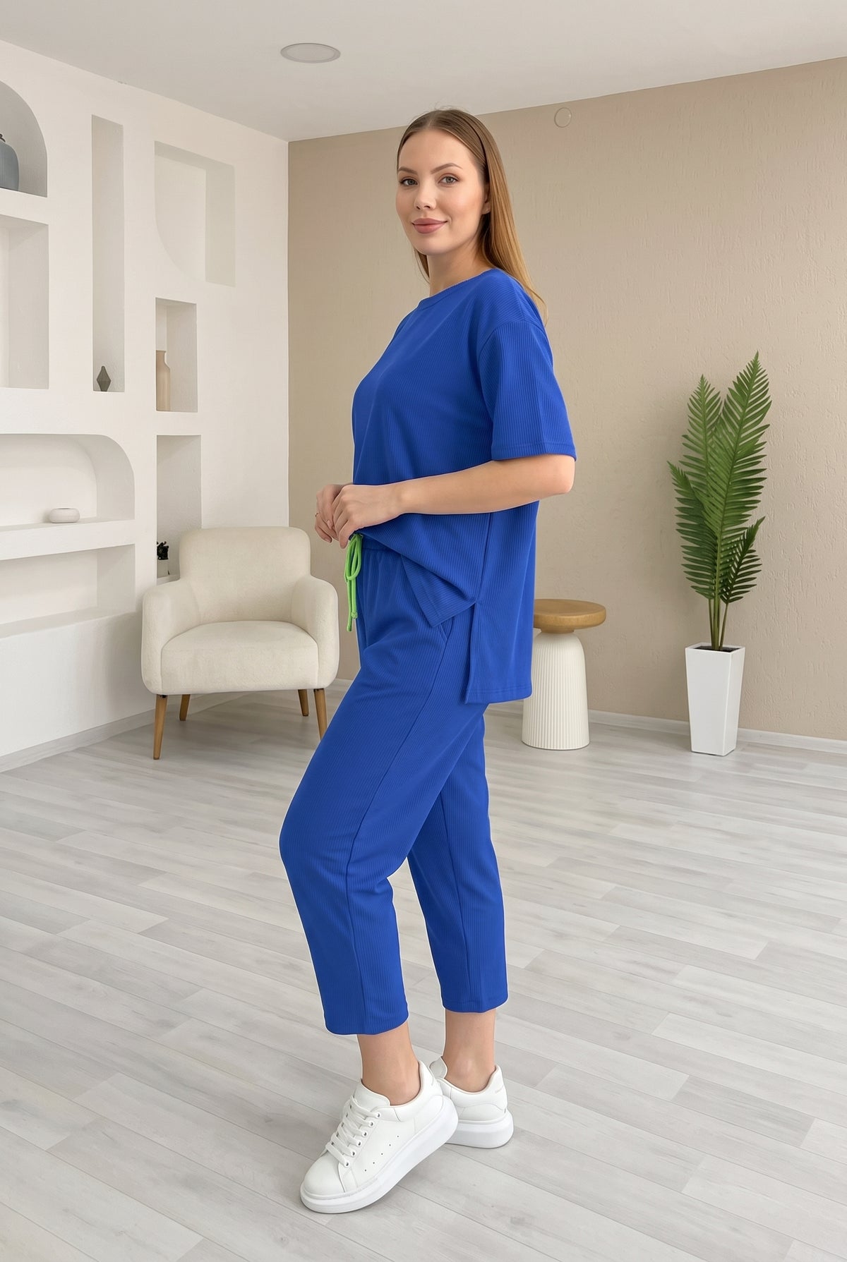 Short Sleeve Crew Neck Viscose Co-ord Set in sax blue – photo 3