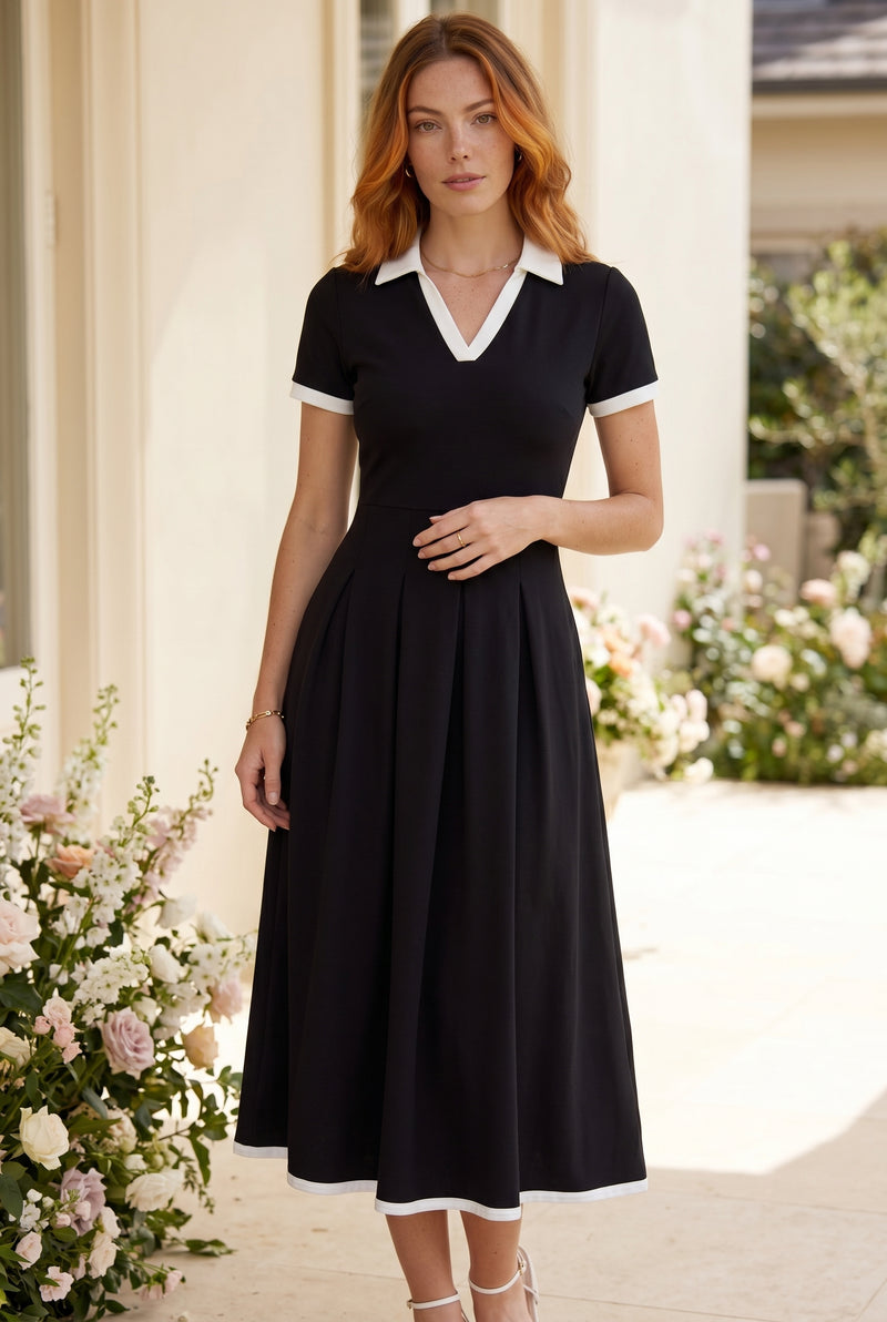 Pleated Short Sleeve Midi Dress with Contrast Collar in black – photo 2