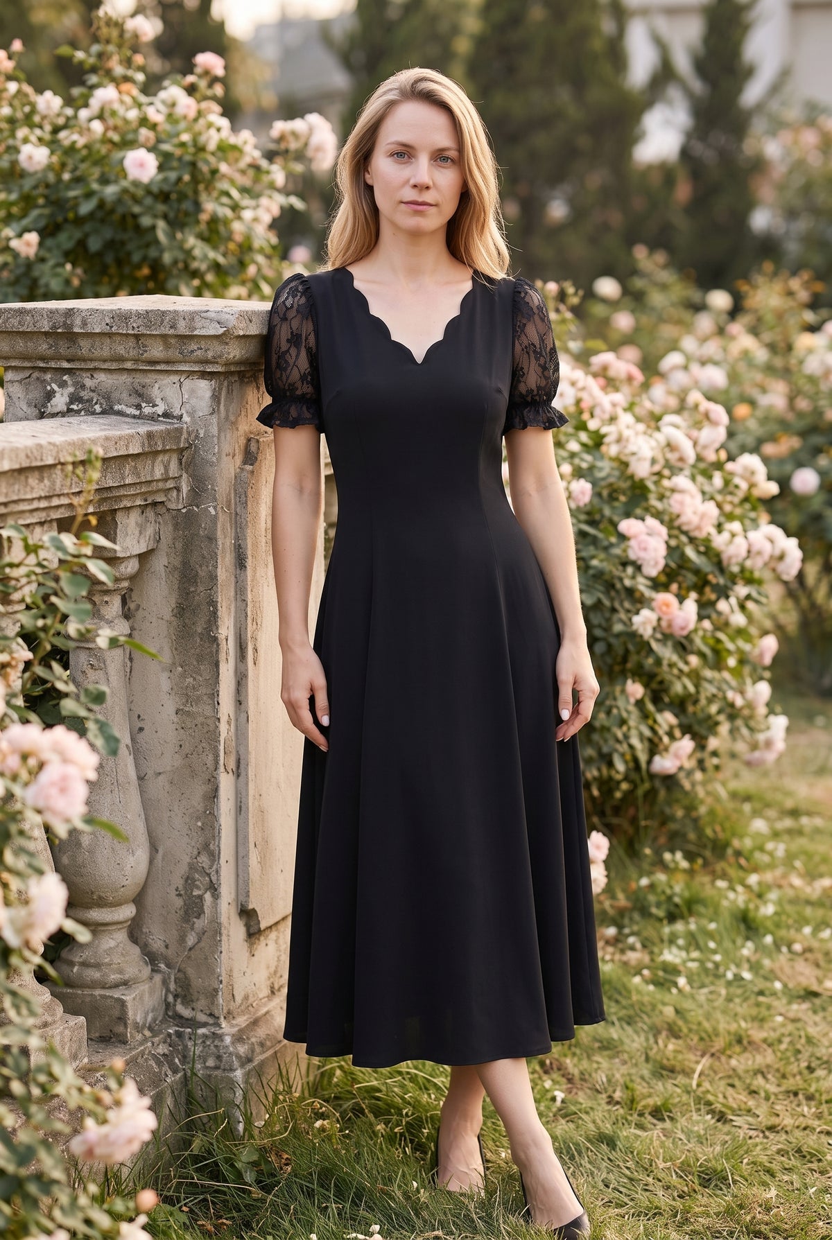 Schwarzes Midikleid mit kurzen Spitzenärmeln