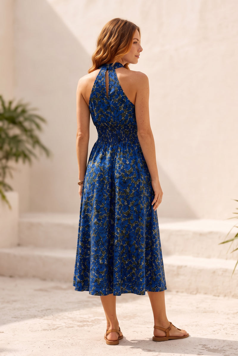 Blue Floral Halter Neck Midi Dress with Smocked Waist – photo 2