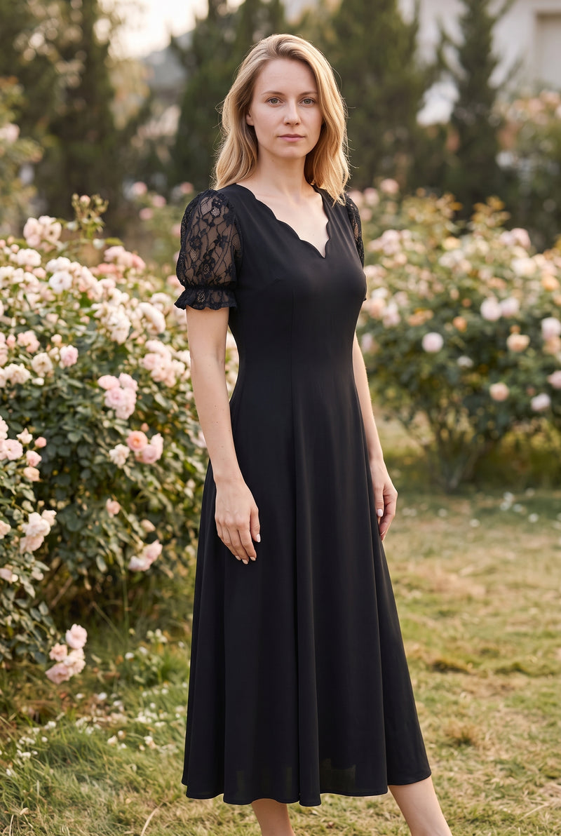 Schwarzes Midikleid mit kurzen Spitzenärmeln – Foto 4