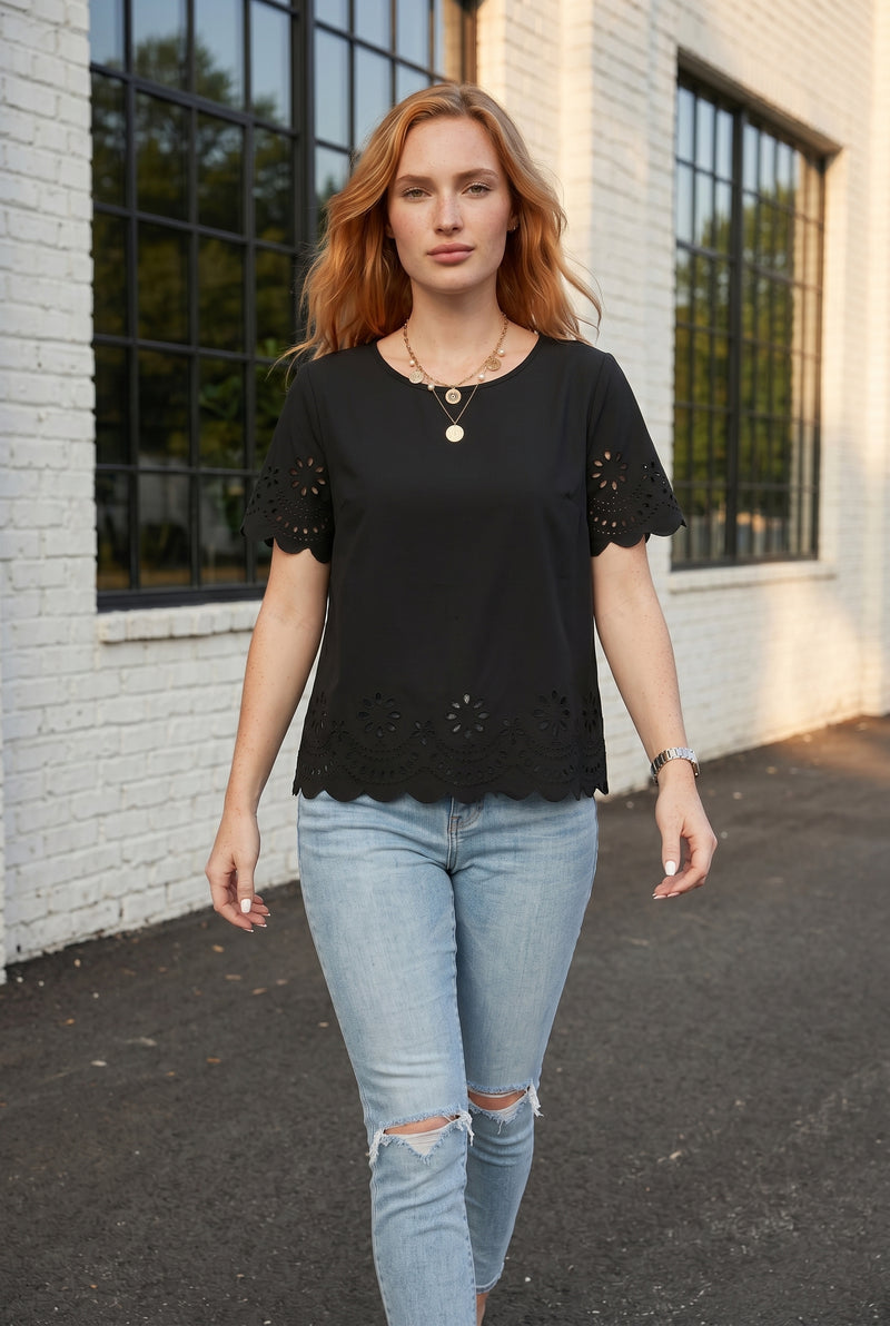 Short Sleeve Crew Neck Embroidered Top in black – photo 2