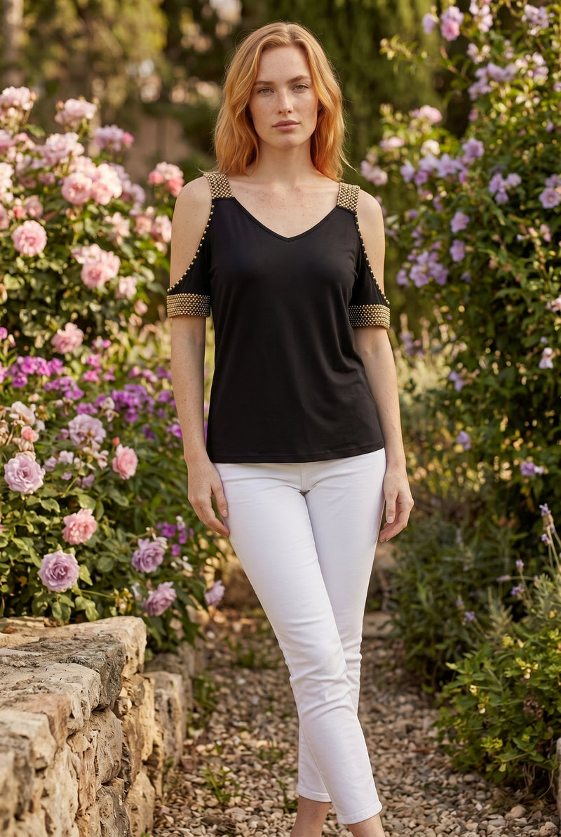Embellished V Neck Off Shoulder Top in black