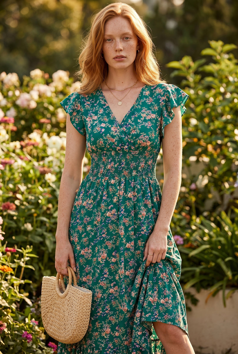 Robe midi fleurie portefeuille à ourlet volanté, coloris vert