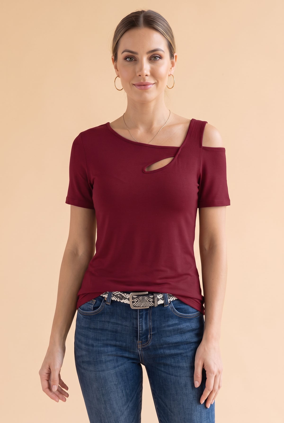 Short Sleeve Asymmetric Top with Cut-Outs in burgundy – photo 5
