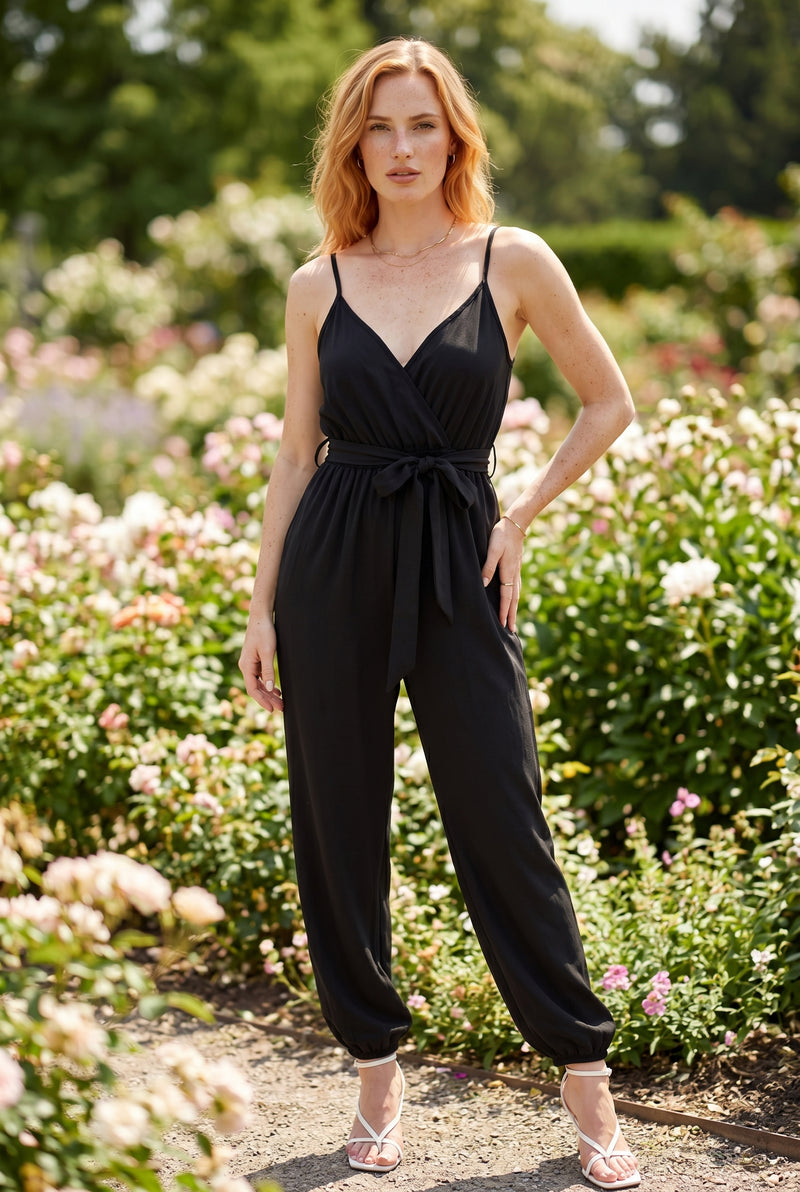 Langer Jumpsuit mit Spaghettiträgern und Gummizug in Schwarz – Foto 2