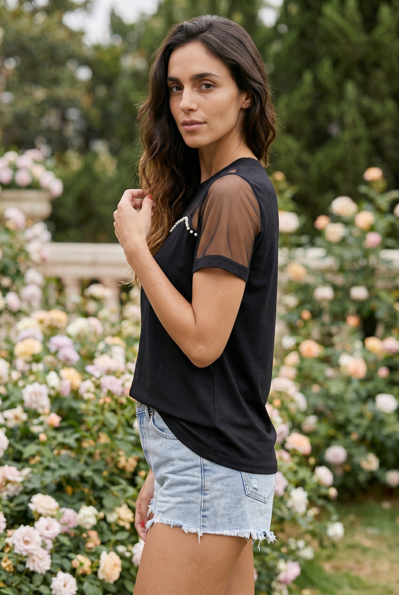 Short Sleeve Embellished Crepe Top with Mesh Panel in black – photo 4
