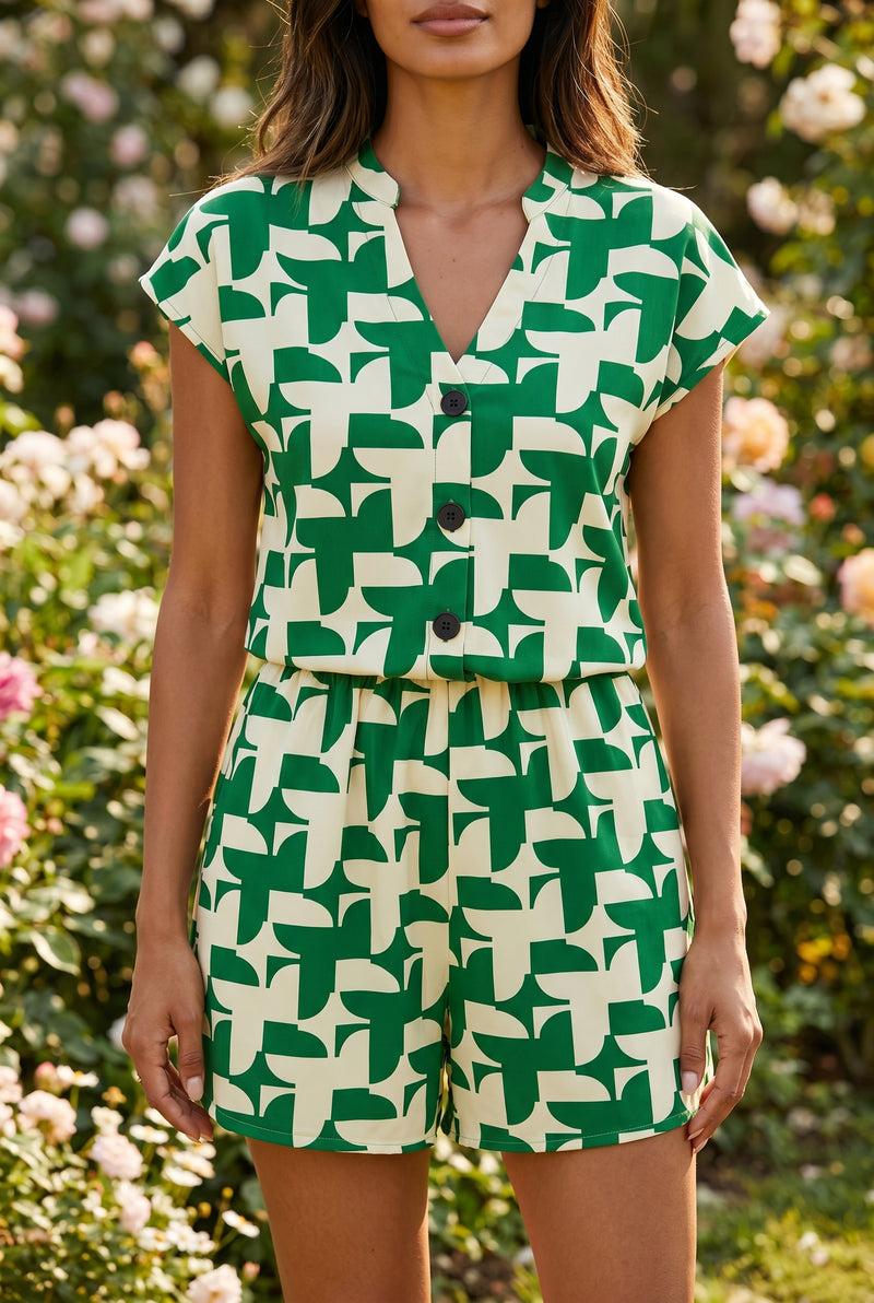 Printed Short Sleeve Playsuit with Mandarin Collar in green – photo 5