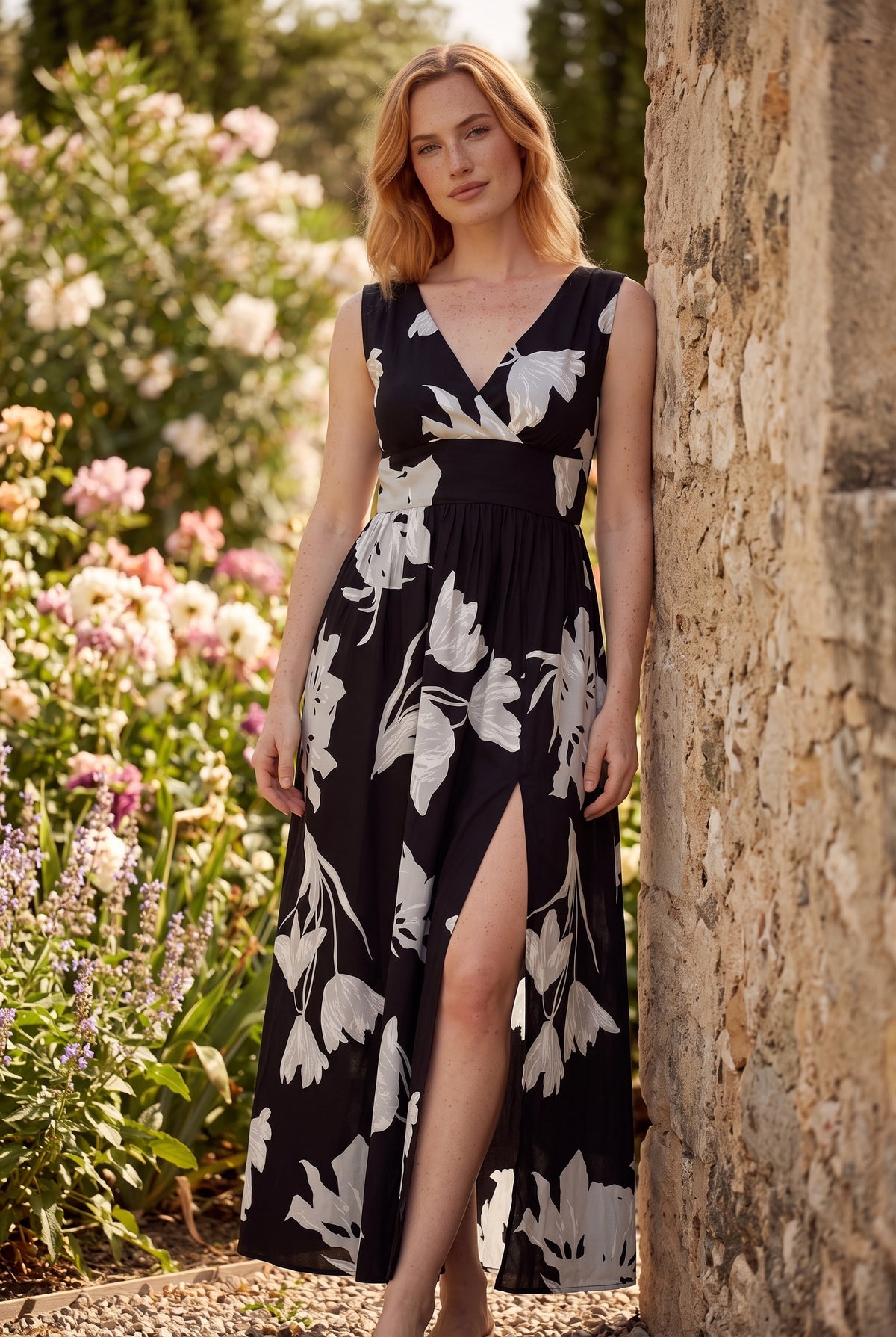 Schwarzes Maxikleid mit Blumenmuster und Schlitz