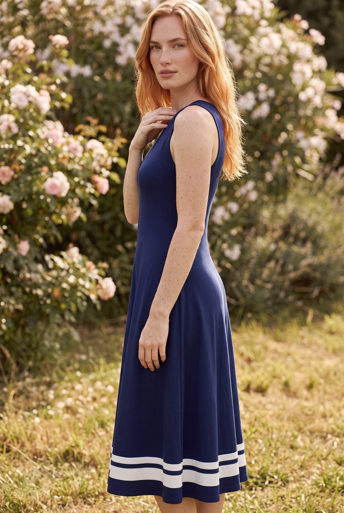 Ärmelloses A-Linie Midikleid mit Rundhalsausschnitt in Marine – Foto 2