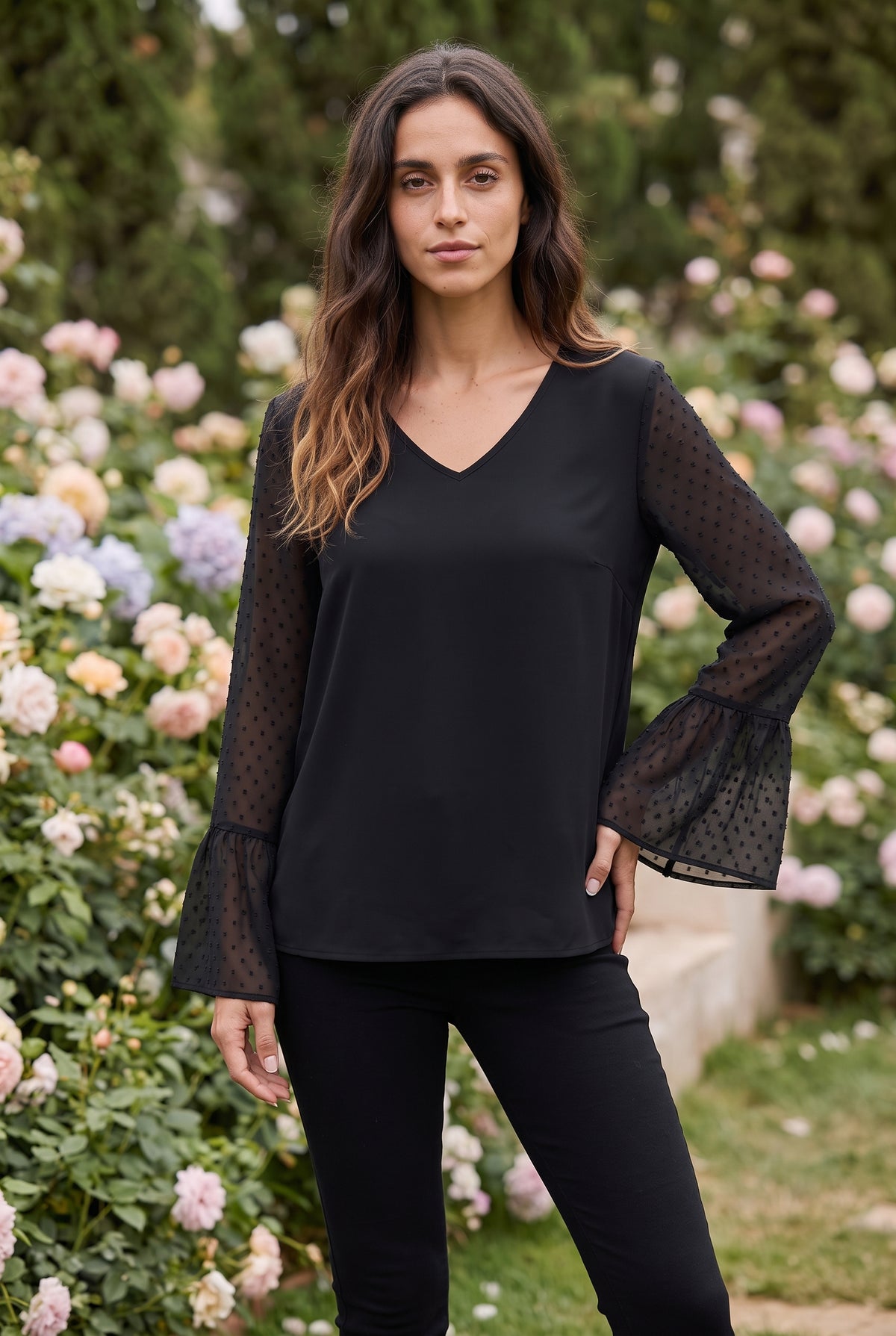 Black Long Sleeve V Neck Top with Polka Dot Sleeves – photo 4