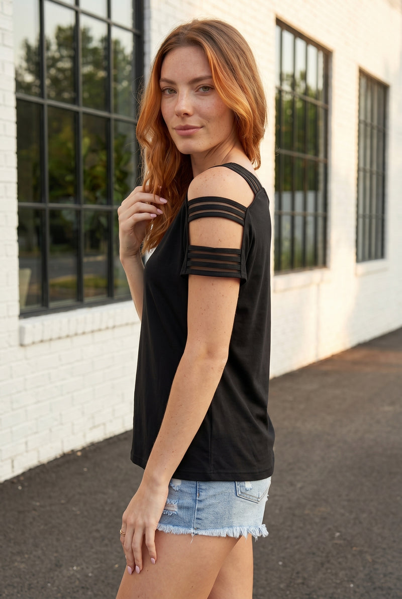 V Neck Top with Cold Shoulder Short Sleeves in black – photo 4