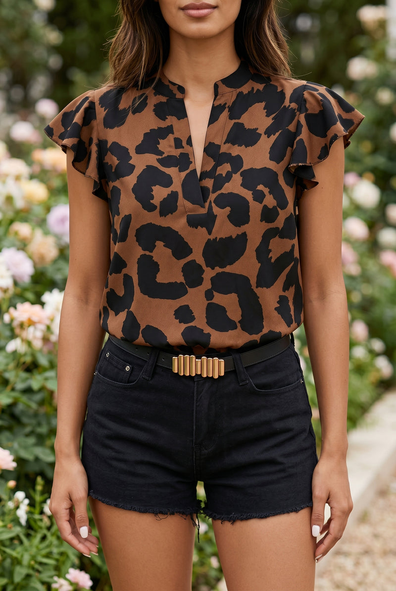 Brown Leopard Print V Neck Top with Ruffled Sleeves – photo 5