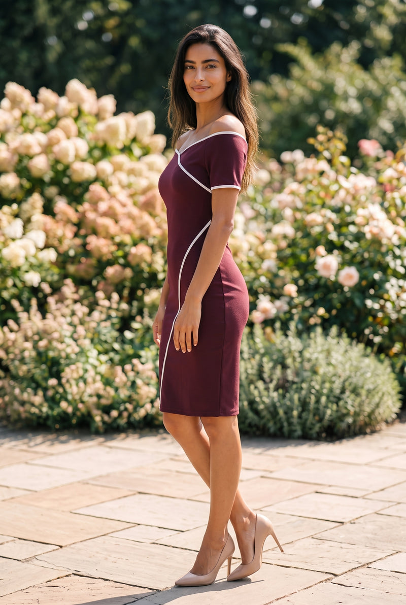 Off-Shoulder Crepe Short Dress with Contrast Piping in burgundy – photo 3