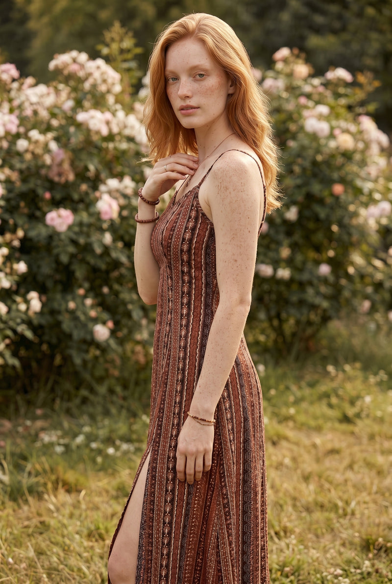 Robe midi à motifs avec col V et fente, coloris marron – photo 2