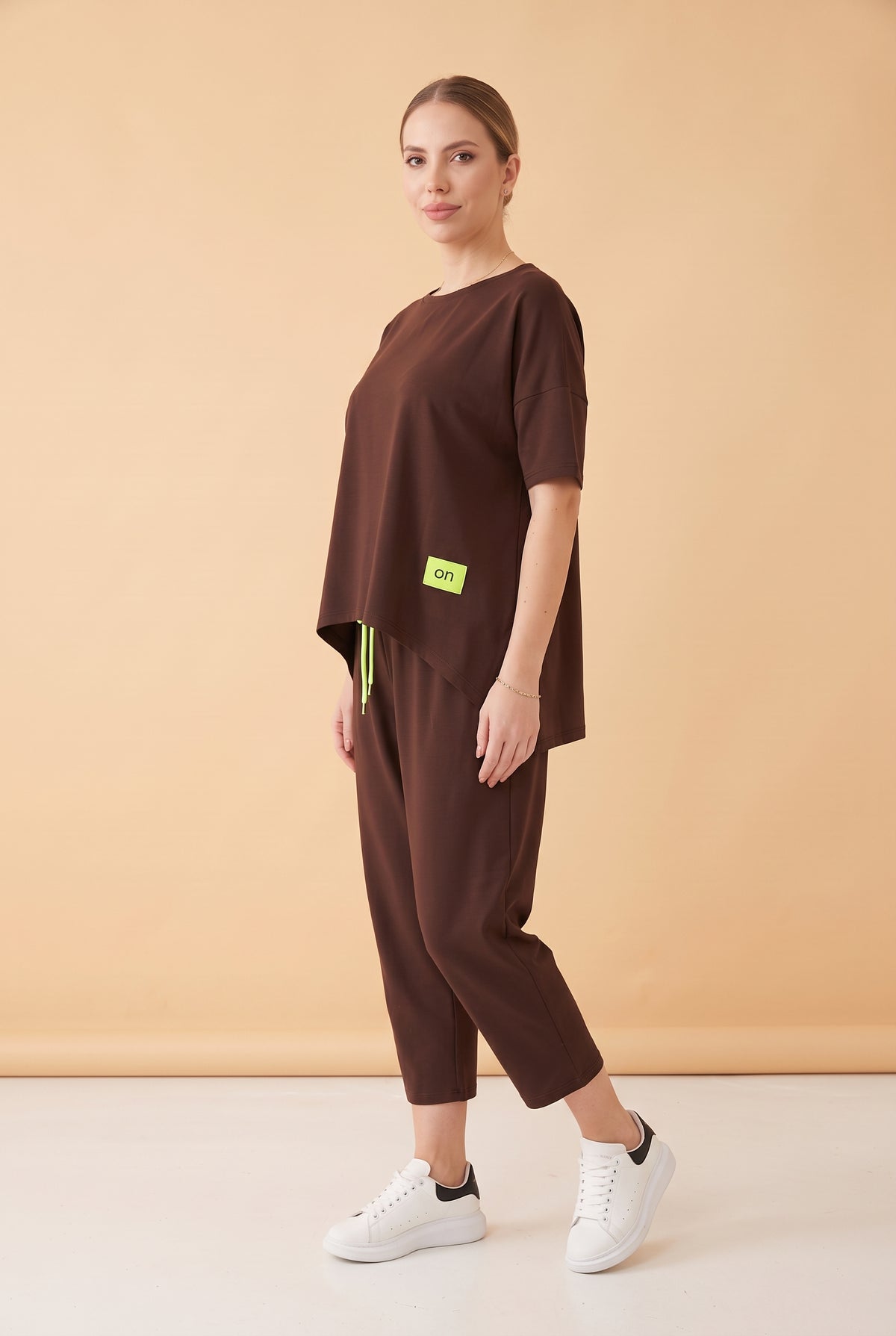 Short Sleeve Crew Neck Viscose Co-ord Set in brown – photo 3
