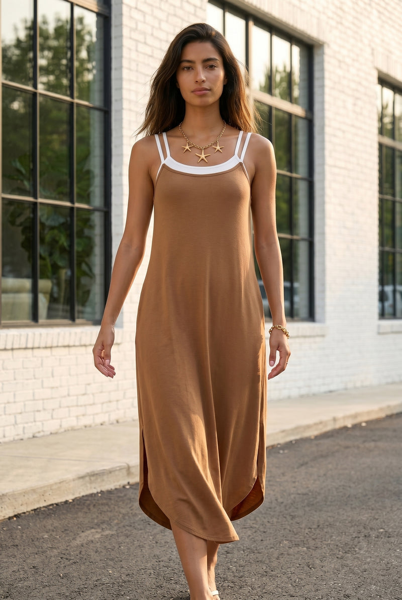 A-Linie Midikleid aus Viskose mit Spaghettiträgern in Cappuccino – Foto 2