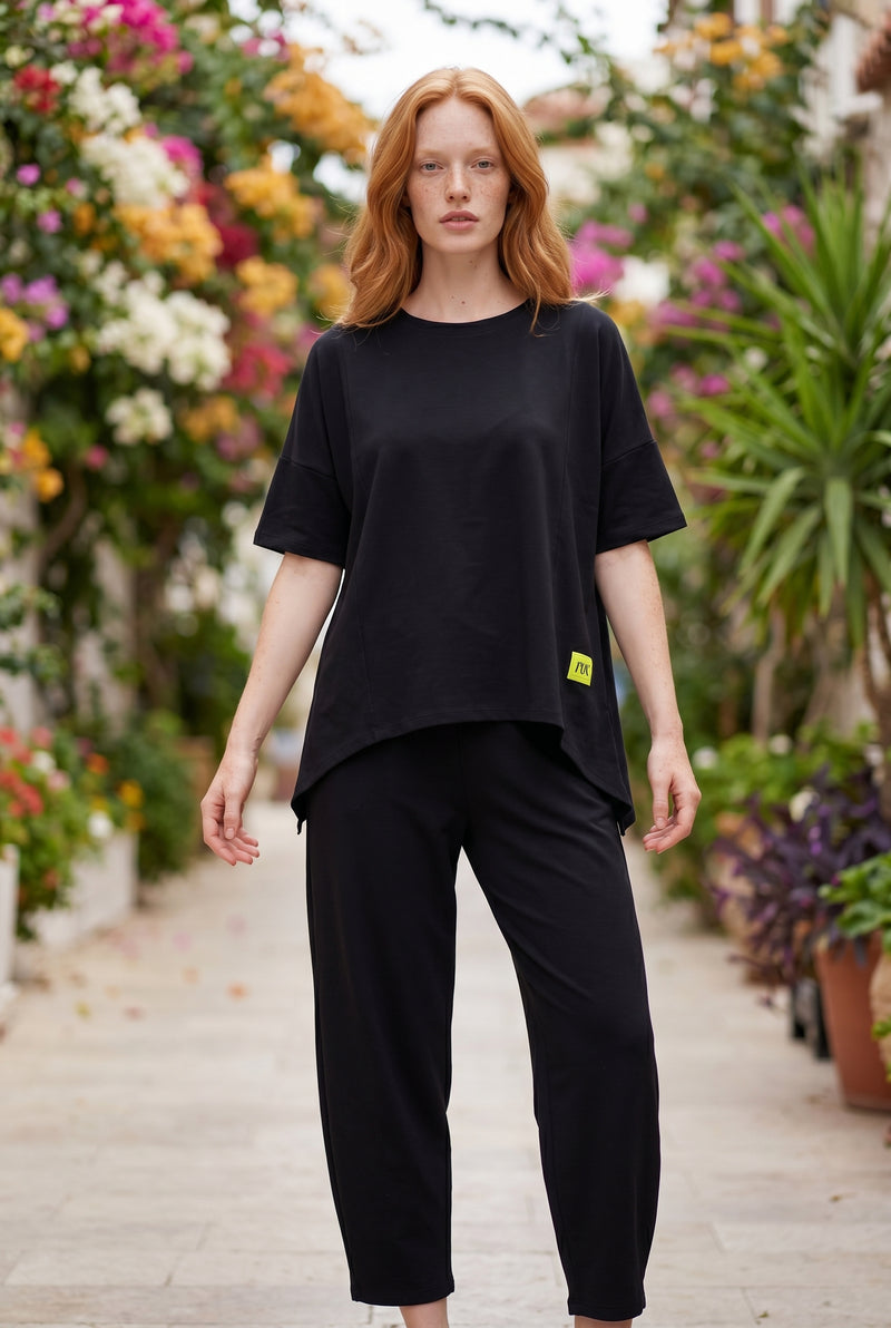 Short Sleeve Crew Neck Viscose Co-ord Set in black