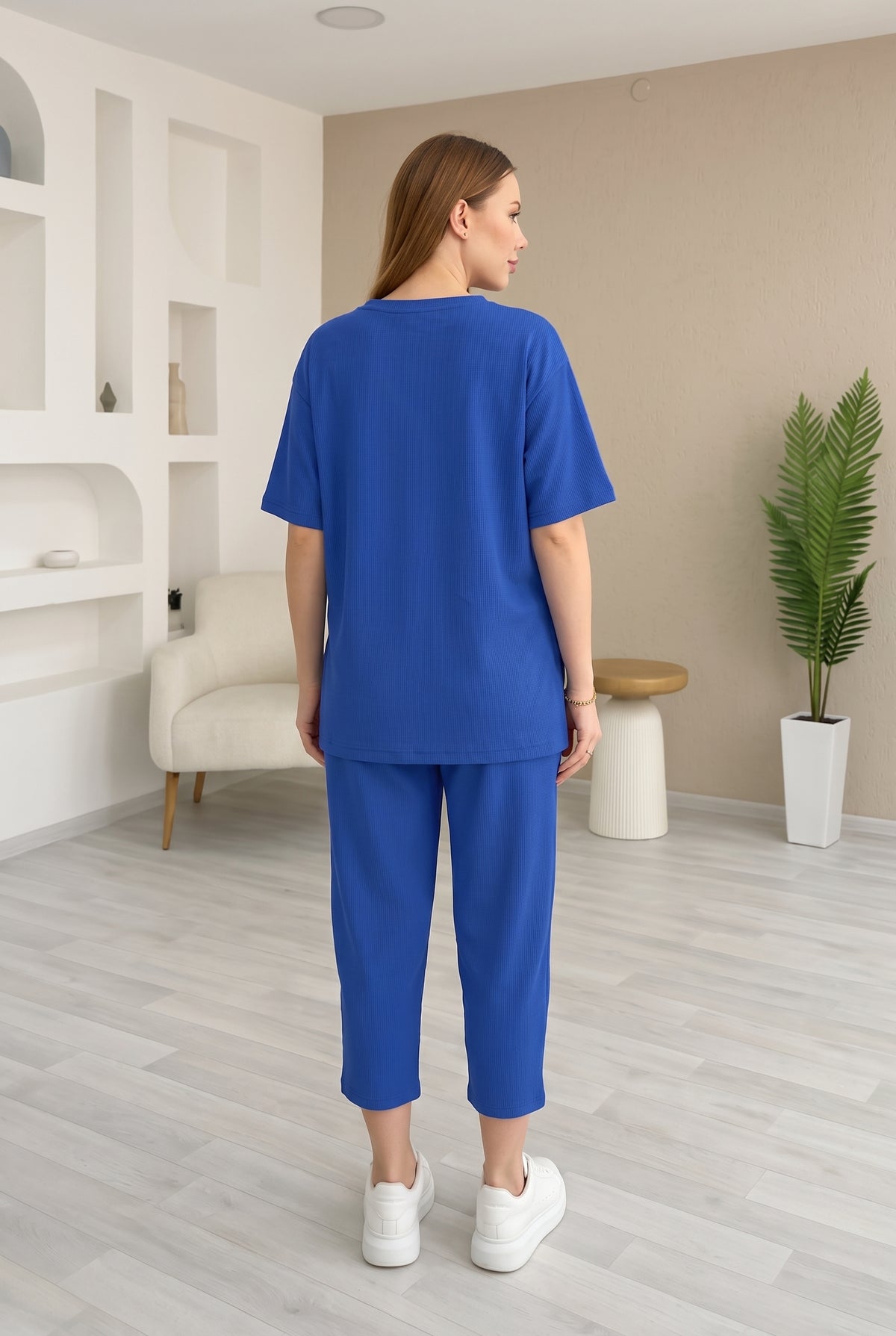 Short Sleeve Crew Neck Viscose Co-ord Set in sax blue – photo 4