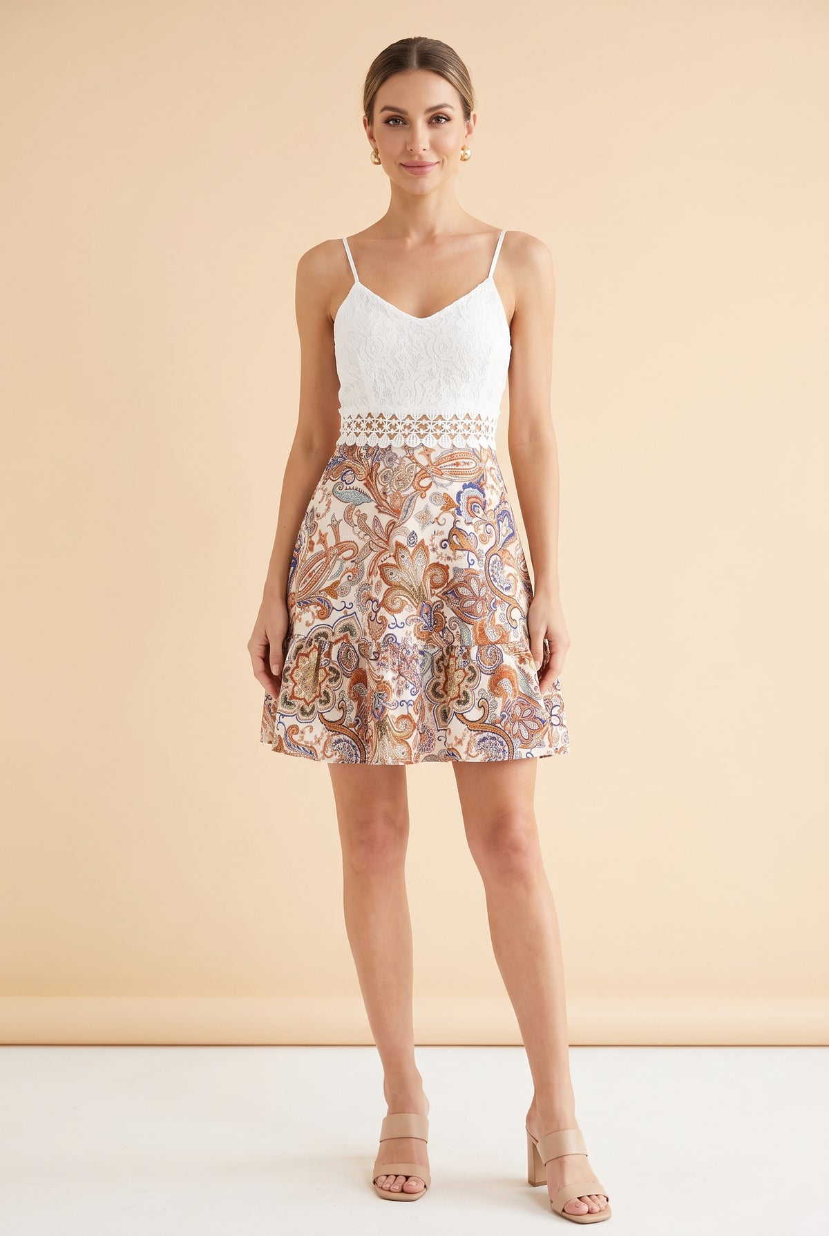 Lace V-Neck Strappy Mini Dress in white